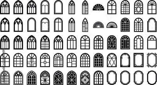 Architectural Window Icon Set Featuring Gothic Traditional and Classical Building Elements for Graphic Design Projects