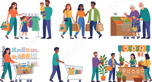 Bilde på lerret Diverse people shopping in supermarkets grocery stores and local markets modern