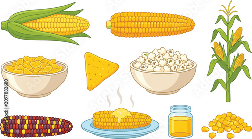 Quadro su tela Corn Food Collection with Corn Cob, Sweet Corn Kernels, Popcorn, Corn Plant, Nac