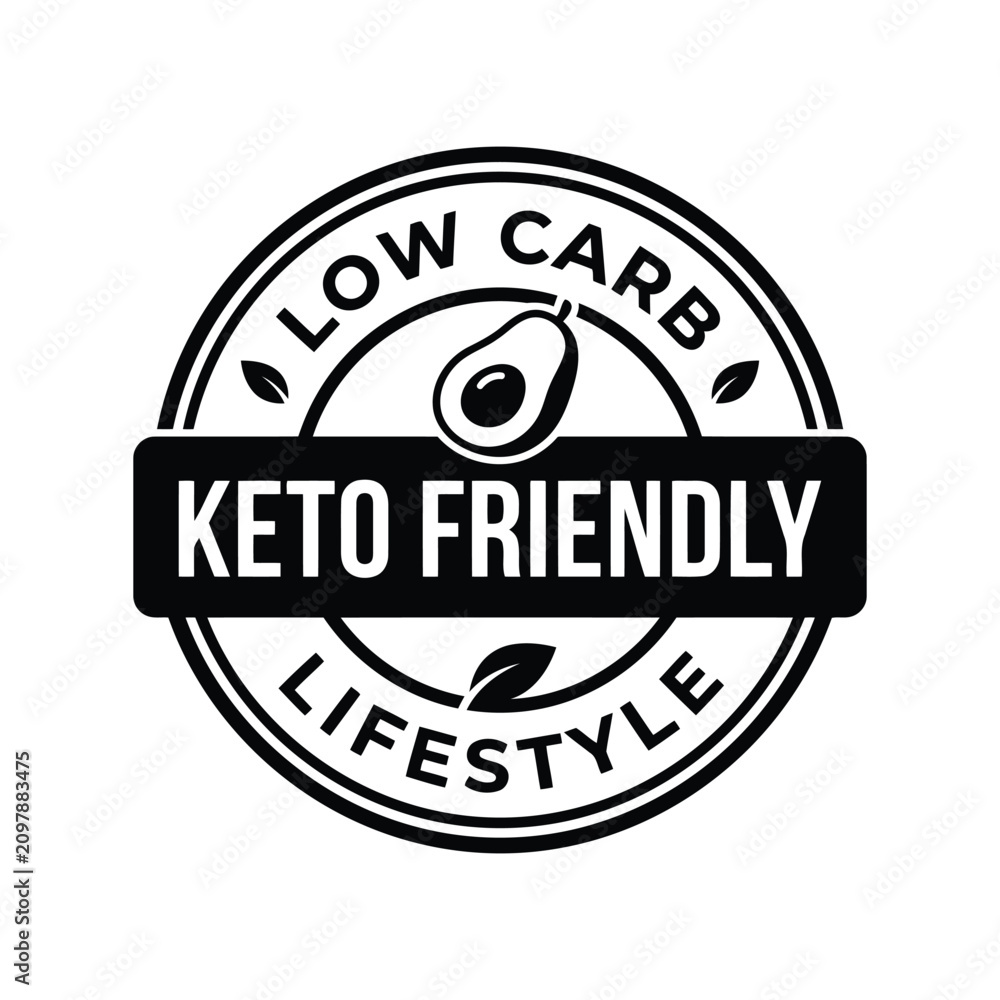 Fototapeta premium Keto friendly low carb stamp seal icon. Healthy food label design for diet and nutrition packaging.