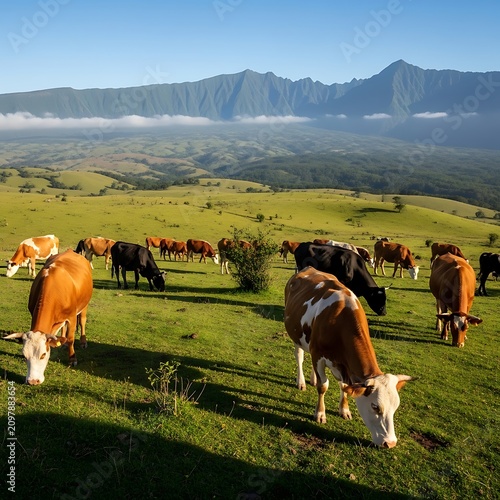 Cattle grazing on lush green hillside valley.