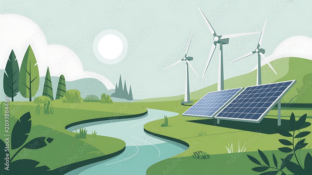Fototapeta premium Renewable energy wind turbines and solar panels in green landscape. Sustainable power sources near river with eco-friendly infrastructure for clean...