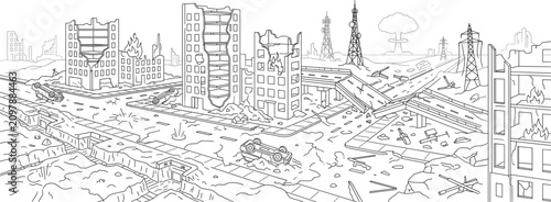 Εκτύπωση καμβά Post apocalyptic destroyed city landscape with ruined buildings broken bridge an