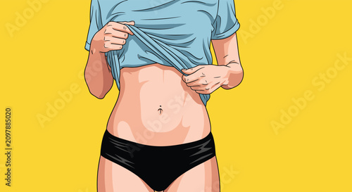 Quadro su tela Close up of a woman showing her slim and fit stomach while lifting her blue t-shirt on a bright yellow background