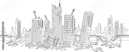 Cuadro en lienzo Ruined city panorama vector line art featuring destroyed skyscrapers, collapsed
