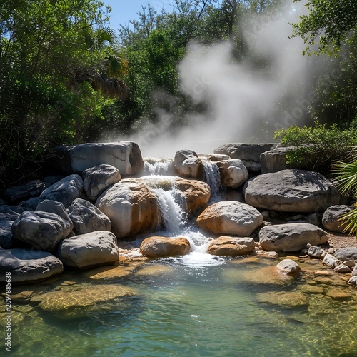 Clear mountain stream flowing over smooth rocks.