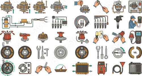 Fotografía Vector illustration set of classic car engine ignition systems carburetor tuning