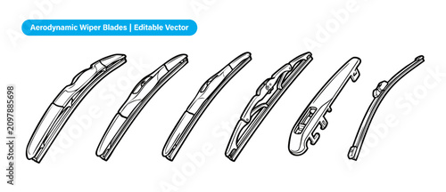 Windshield wiper blades vector set of aerodynamic car window cleaners for automotive maintenance illustration showing diverse spare parts isolated on white background for vehicle service design icons.
