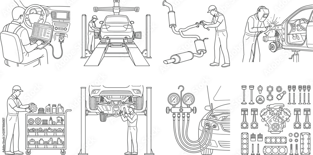 Fototapeta premium Vector line illustration set of auto mechanic diagnostics wheel alignment and engine repair service icons