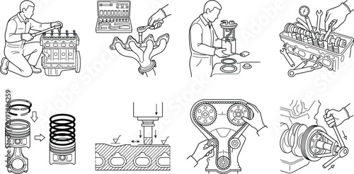 Foto Vector line illustration set of car engine rebuilding internal components assemb
