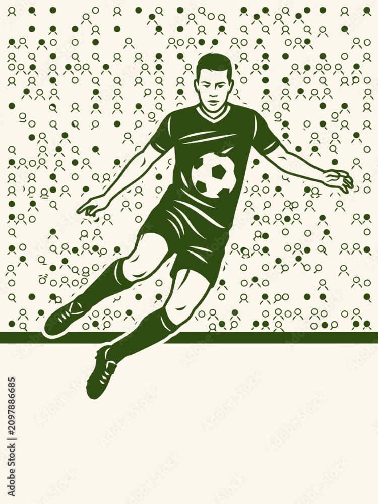 Fototapeta premium Graphic illustration of a soccer player diving through the air in front of a stylized cheering crowd, using a green and cream limited color palette for impact