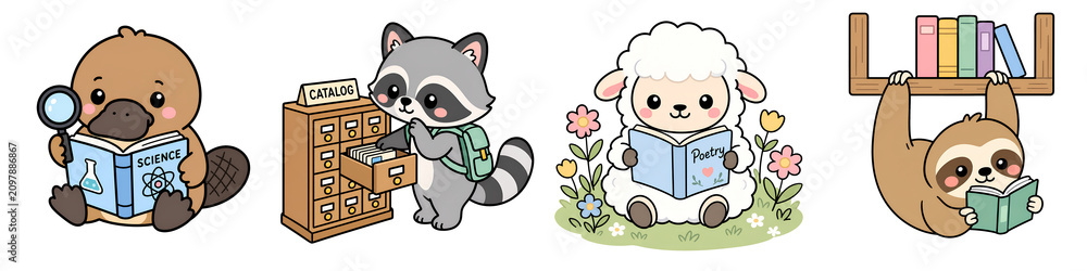 Obraz premium Cute platypus reading science book raccoon library catalog sheep meadow storybook sloth bookshelf kawaii animal study scene