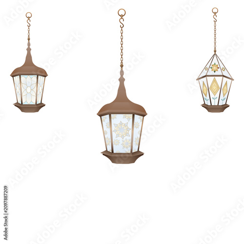 Antique Hanging Stained Glass Lantern Set – Winter Garden Decoration
