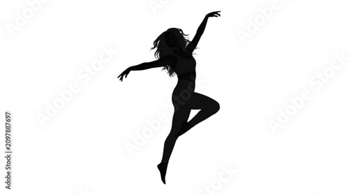 A graceful black silhouette of a woman captured mid-jump, arms gracefully extended, embodying motion and elegance in a clean, minimalist style. Perfect for sports, dance, or artistic projects.