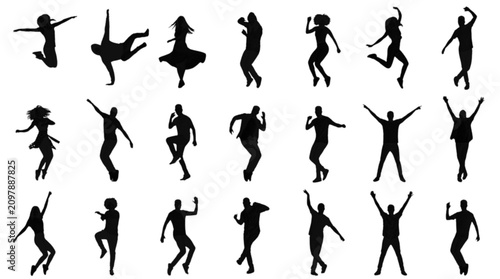 A collection of stylized black silhouette figures showing various dance moves, yoga poses, and exercise actions arranged in a linear sequence. Perfect for fitness, wellness, or creative project illust