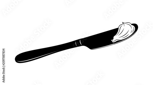 Schilderij op canvas Butter knife with cream cheese spread black and white silhouette