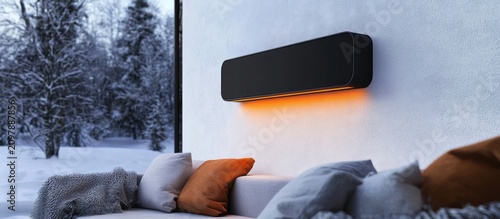 Sleek black outdoor patio heater casting warm orange light on a white wall above a sofa, overlooking a snowy winter forest.