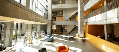 Spacious Modern Building Interior Featuring Concrete Architecture, Wooden Details, Natural Light, and Open-Plan Design with Seating