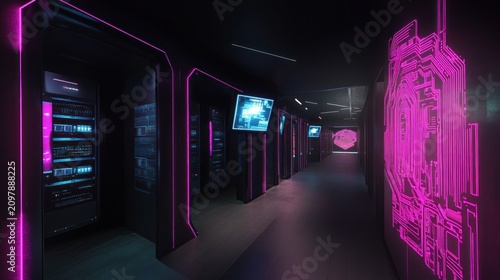 Futuristic Data Center Corridor with Neon Pink Lights, Server Racks, and Abstract Digital Circuitry Wall Design