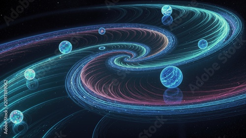 Spiral galaxy structure featuring luminous spheres traversing a vast celestial expanse depicting universal formation and growth.