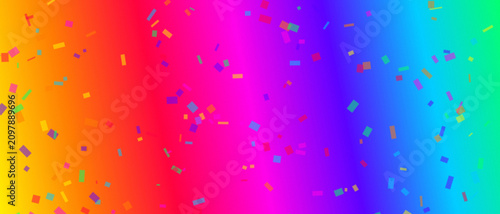 Colorful confetti falling on a rainbow gradient background, for celebration