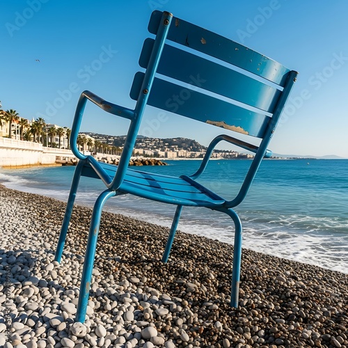 Blue beach chair on pebbled shore with ocean view.