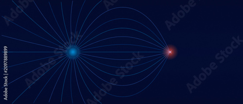 Electric field lines between a positive and negative charge on a dark blue background