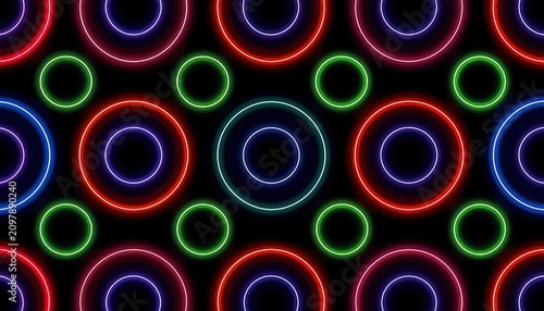 Neon glowing rings forming a seamless geometric pattern Illuminating shapes creating a digital background for technology.