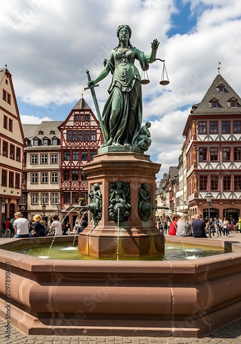 Bronze statue of justice in historic European square.