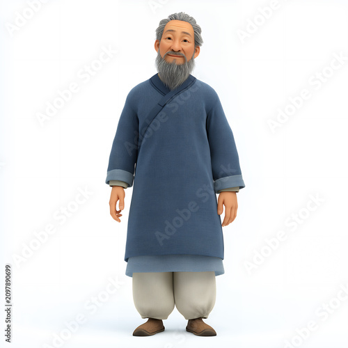 Cute 3D Senior Asian Male Character Wearing Traditional Robe