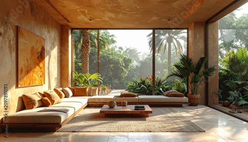 A serene living room with sofa and coffee table surrounded by lush green plants and large windows in a modern rustic home interior design.