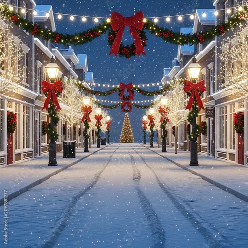 Christmas street scene with festive decorations and lights.