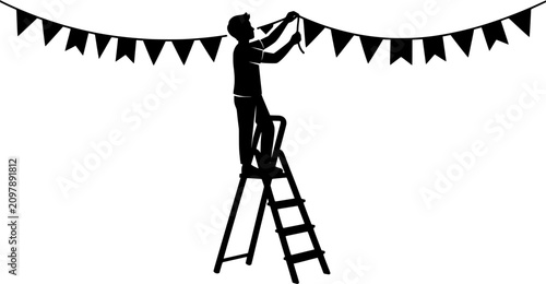 Man hanging party flags silhouette and event preparation vector illustration, featuring a male character on a stepladder hanging bunting garland for decoration.