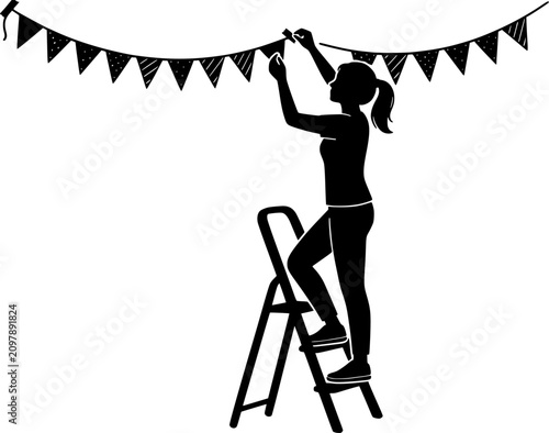 Woman hanging party flags silhouette and event preparation vector illustration, featuring a female character on a stepladder hanging bunting garland for decoration.