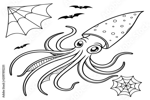 coloring page line art the halloween squid animal black vector