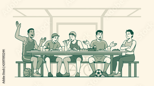 Social interaction among a diverse group of athletes sharing a meal at a long table, symbolizing teamwork, nutrition, and camaraderie in a sporting environment