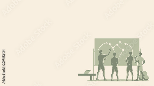 Minimalist silhouette of a sports coach and team members analyzing a strategic game plan on a whiteboard in training