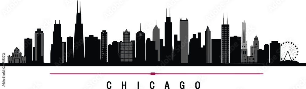 Obraz premium Chicago Skyline Silhouette Vector with Iconic Landmarks for Architecture, Tourism, Branding, and City Design Projects