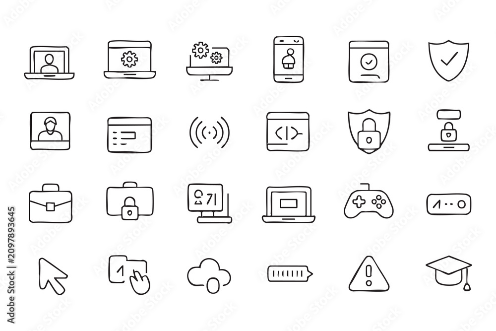 Fototapeta premium Cybersecurity Line Icons with Digital Devices, Password Protection and Online Privacy