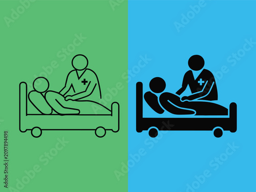 Medical professional attending patient on hospital bed illustration with two color variations