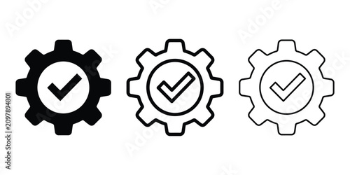 Canvastavla Gear with check mark icon silhouette vector outline and line art
