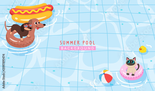 Summer Pool Party background vector illustration. Top view of swimming pool with cute pool floats and pets.