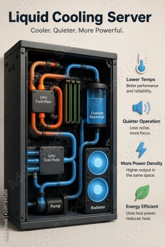 Liquid Cooling Server Cutaway With CPU GPU Cold Plates and Thermal Performance Concept
