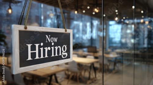 Now hiring text on dark letter board hanging in cozy restaurant or cafe glass windowpane.