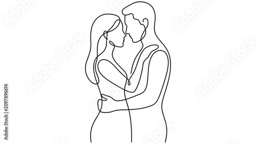Bild auf Leinwand Continuous line drawing of a couple embracing and kissing each other face to fac