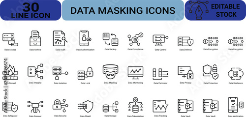 Set of data masking line icons representing security privacy encryption compliance monitoring protection vault backup storage system administration.