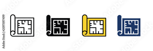 Blueprint and floor plan icons featuring architectural house layout symbols with clean minimalist vector graphics for construction, engineering, interior design, renovation, drafting, and real estate 