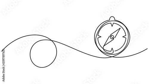 Minimalist line drawing of a compass with wavy line on white background