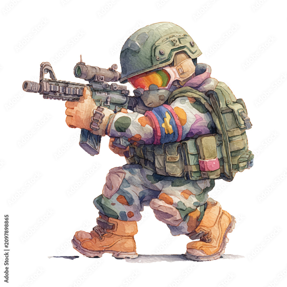 Fototapeta premium Soldier wearing camouflage gear aiming rifle.