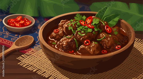 Photos Flat Design Vector Illustration of Rich Dark Brown Stew in Wooden Bowl with Slic